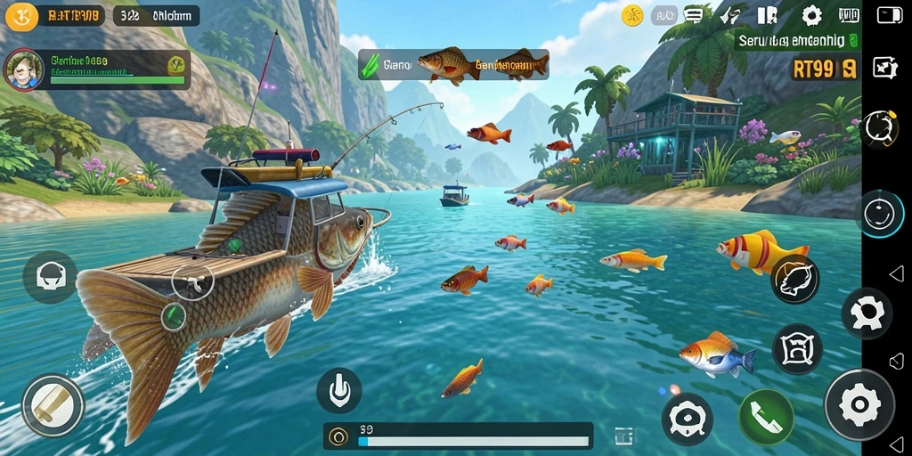 Screenshot gameplay RT99 menampilkan momen seru saat memancing ikan besar.