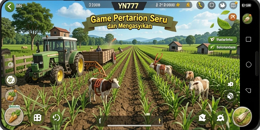 Tangkapan layar gameplay YN777 dengan aktivitas bertani yang asyik.