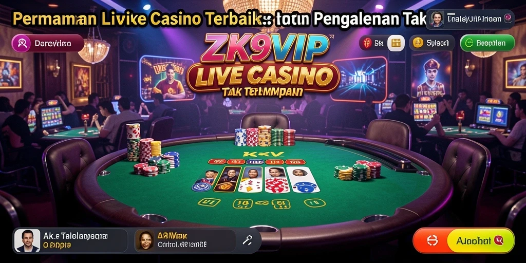 Screenshot gameplay ZK9VIP menampilkan dealer langsung dan permainan dalam suasana kasino.